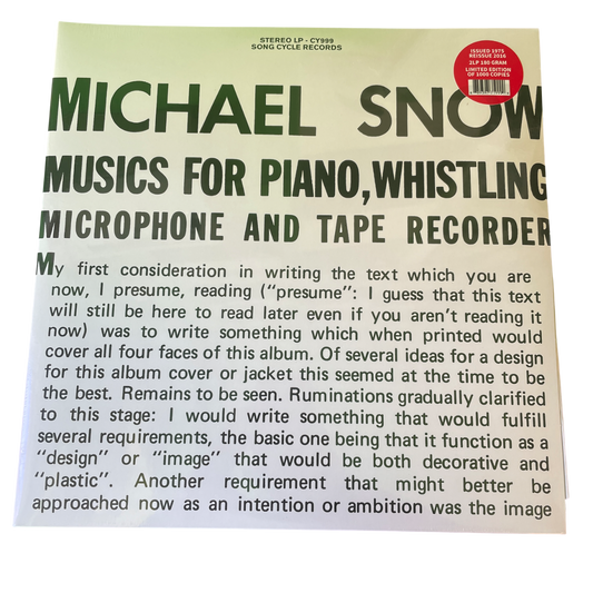 Michael Snow - Musics For Piano, Whistling, Microphone And Tape Recorder | 2LP